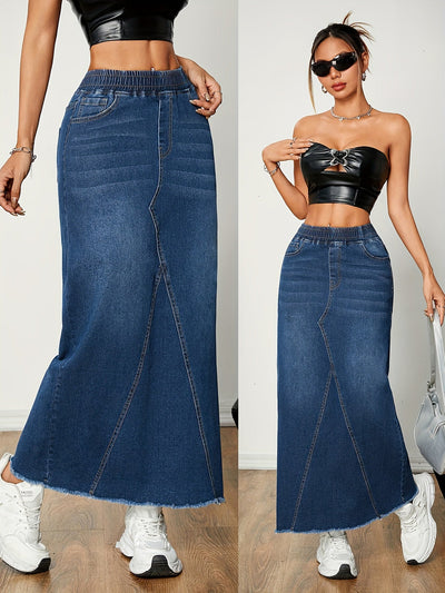 Emma | Plain washed blue streetwear maxi denim skirt