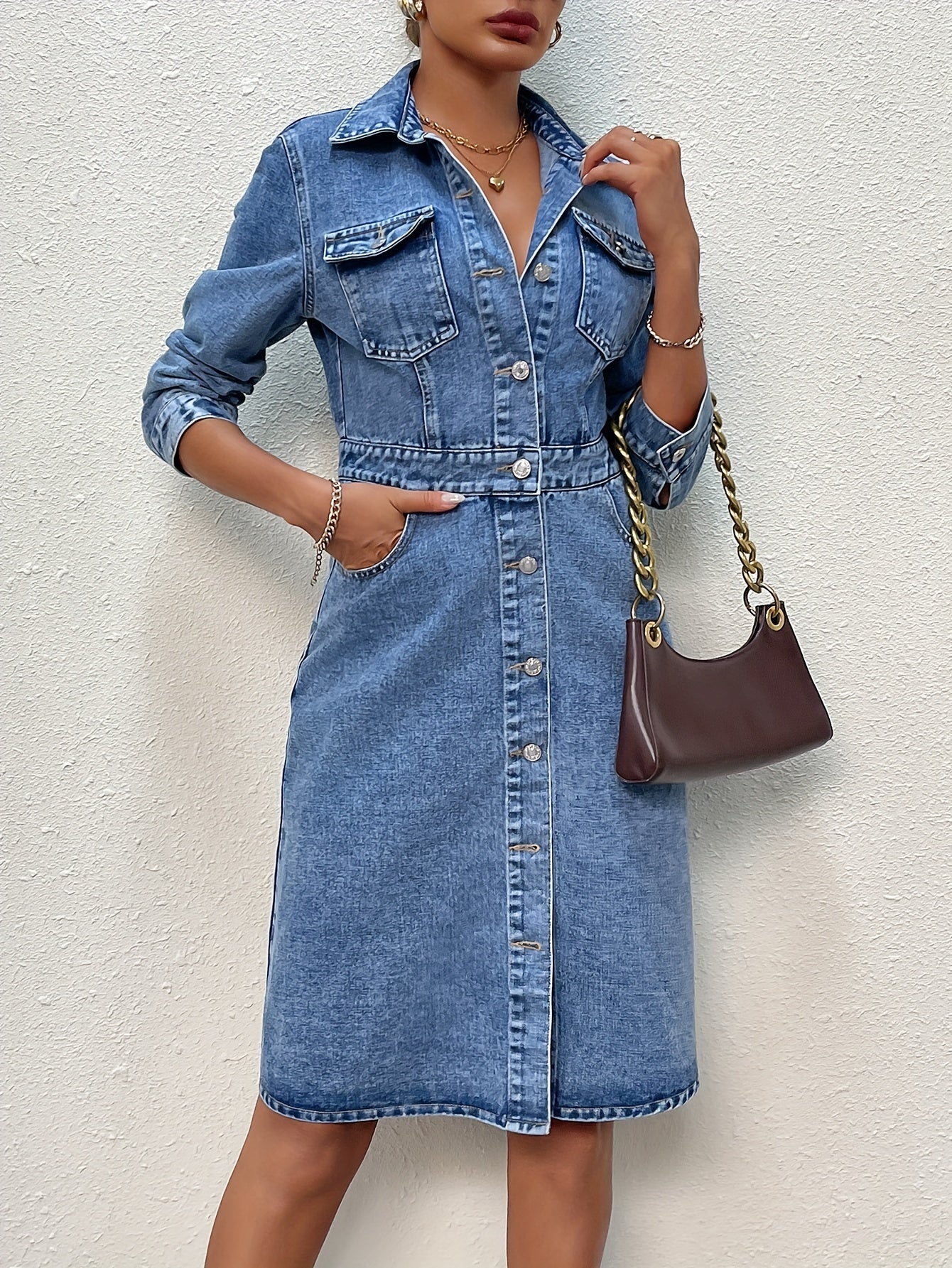 Sophie | Eenvoudige blauwe denim jurk met lange mouwen