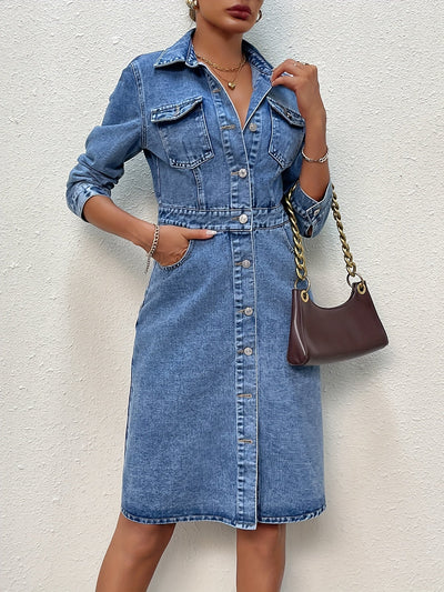 Sophie | Eenvoudige blauwe denim jurk met lange mouwen