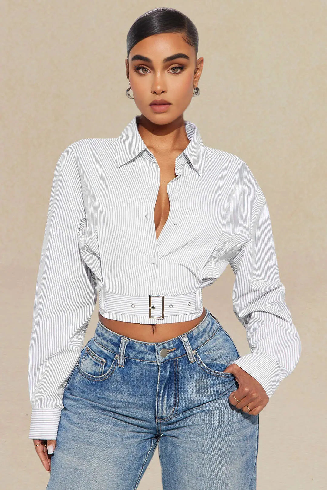 Enid - Stylish Metallic Feminine Long Sleeve Shirt with Belt