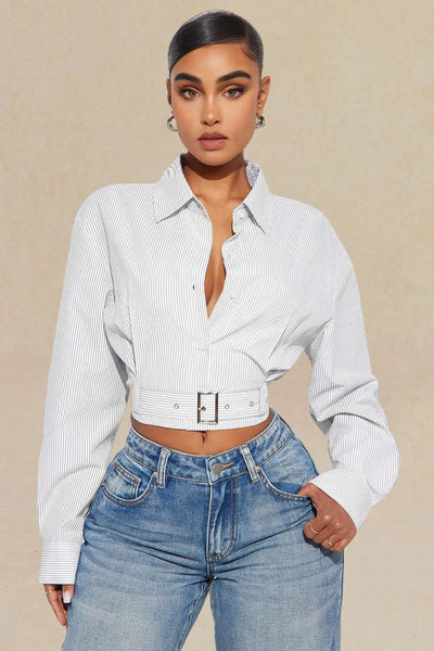 Enid - Stylish Metallic Feminine Long Sleeve Shirt with Belt