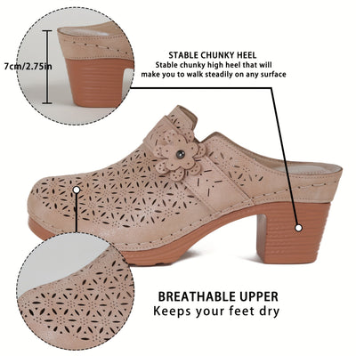 Flora | Women's mules with a thick heel and perforated floral decoration