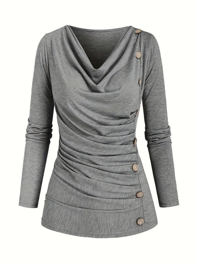 Jasmine | Plain knitted turtleneck sweater with ruffles and buttons