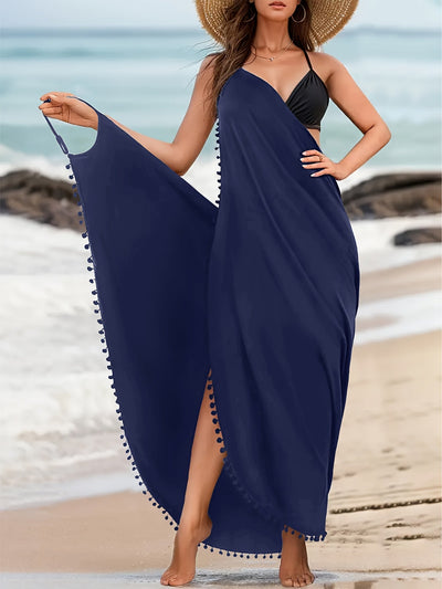 Emma | Effen maxi strandjurk met pom-pom-decor en V-hals