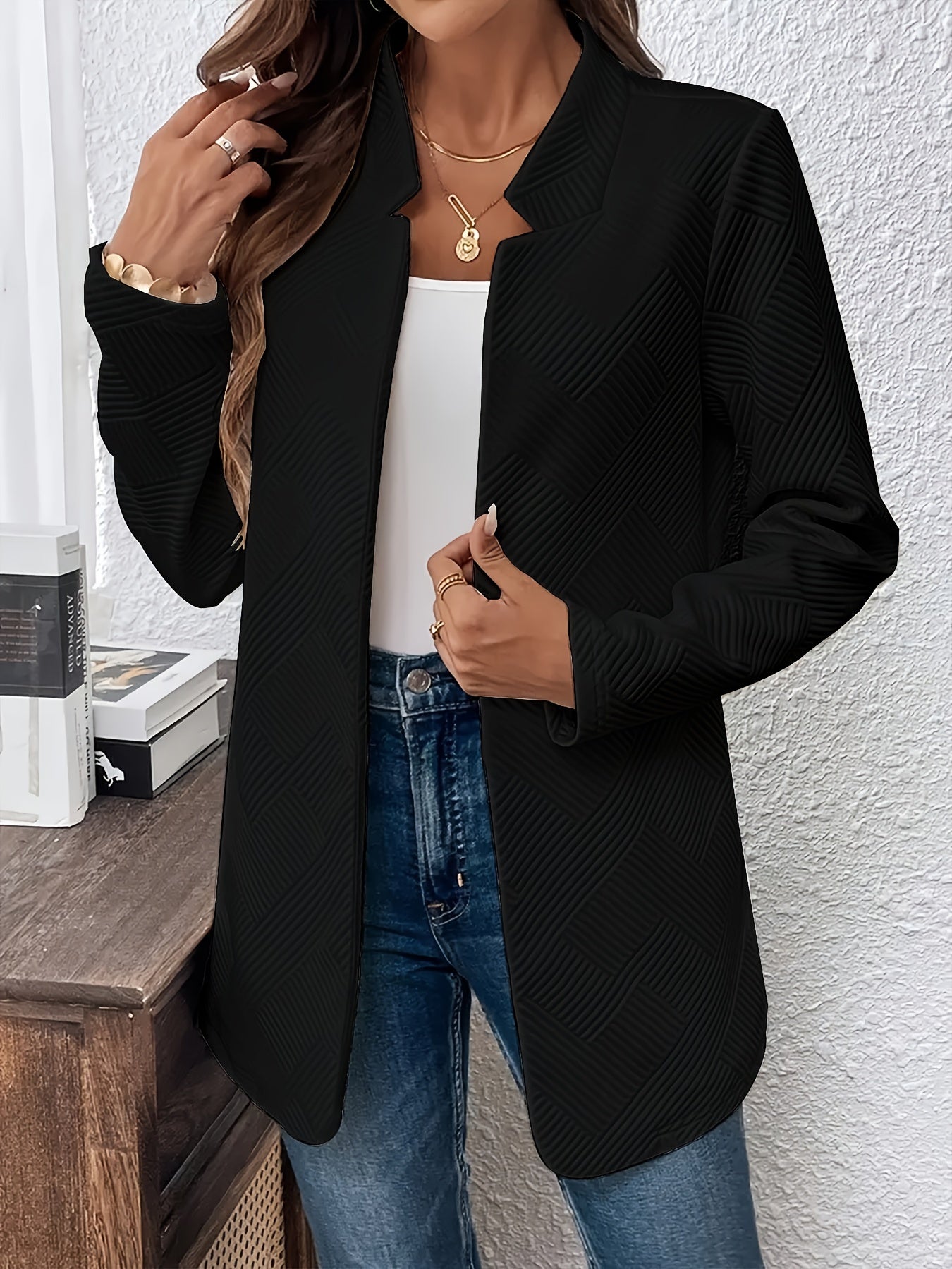 Emma | Plain textured open-front blazer with long sleeves