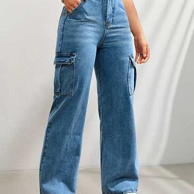 Noa | Casual denim cargobroek met wijde pijpen en hoge taille