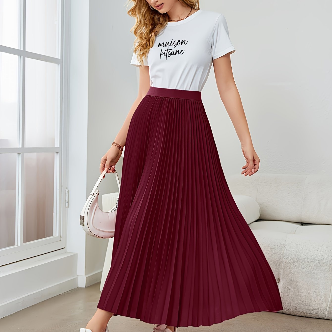 Evelien | Plain-colored pleated midi skirt with elastic waist