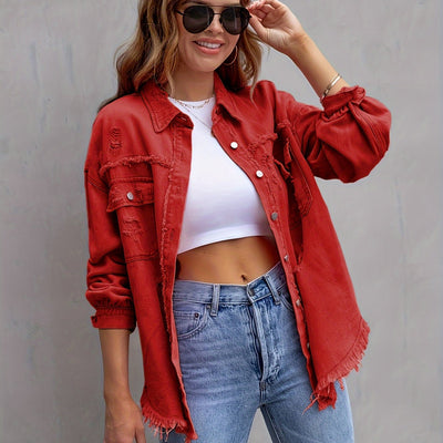 Mara | Plus size denim jas met gescheurde ruwe zoom