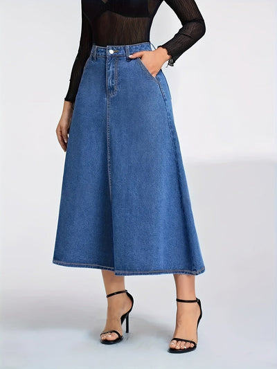 Femke | Hoge elastische denim midi rok met zakken