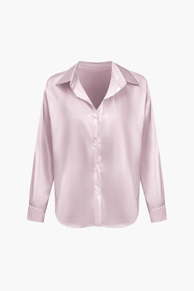Lillian - Basic Plain Satin Women's Long Sleeve Shirt