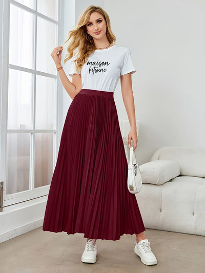 Evelien | Plain-colored pleated midi skirt with elastic waist