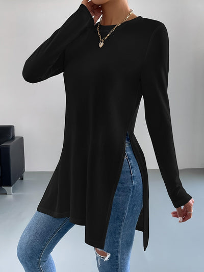 Nina | Stijlvol effen kleur t-shirt met lange mouw en zijsplit