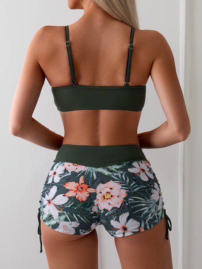 Lana | 2-delige bikini met groene bloemenprint en hoge taille