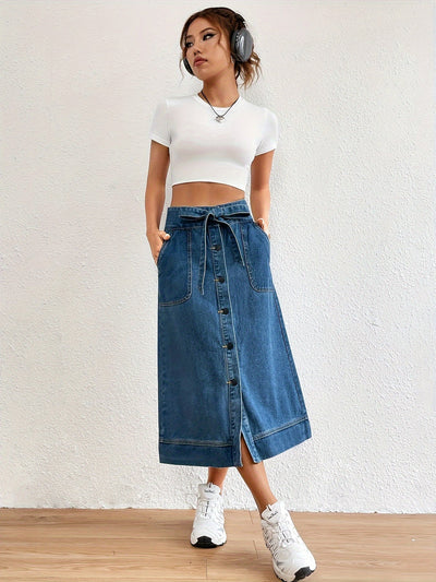Anna | Effen denim midi rok met strikceintuur