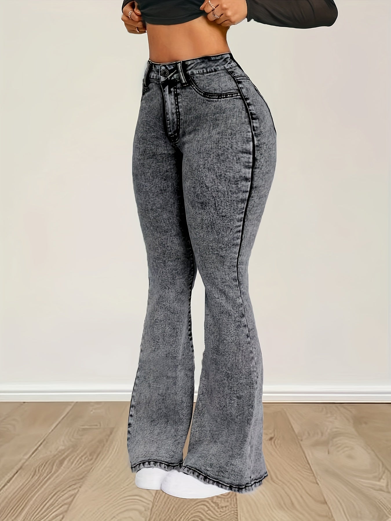 Elin | Gray stretch denim flare jeans with a high waist and button closure