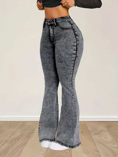Elin | Gray stretch denim flare jeans with a high waist and button closure