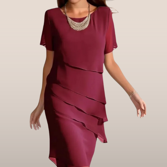 Dames Gelaagde Chiffon Jurk met Korte Mouwen – Elegante Feestjurk voor Avond of Bruiloft