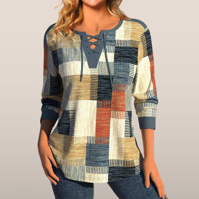 Long Sleeve Patchwork Top Women – V-Neck with Lace-Up Closure and Geometric Design 