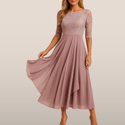 Midi Jurk met Kant en Zwierige Rok – Elegante Gelegenheidsjurk