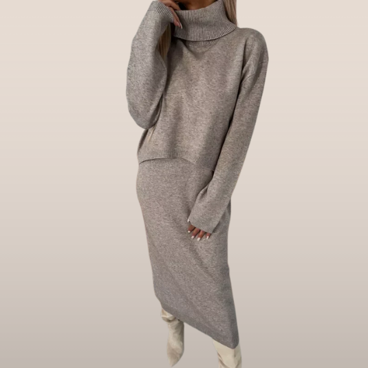 Knitted Set with Turtleneck – Midi Skirt and Sweater 