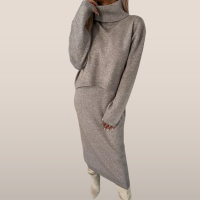 Knitted Set with Turtleneck – Midi Skirt and Sweater 