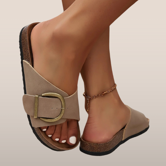Dames slippers met gespsluiting – Kurkzool en gekruiste banden