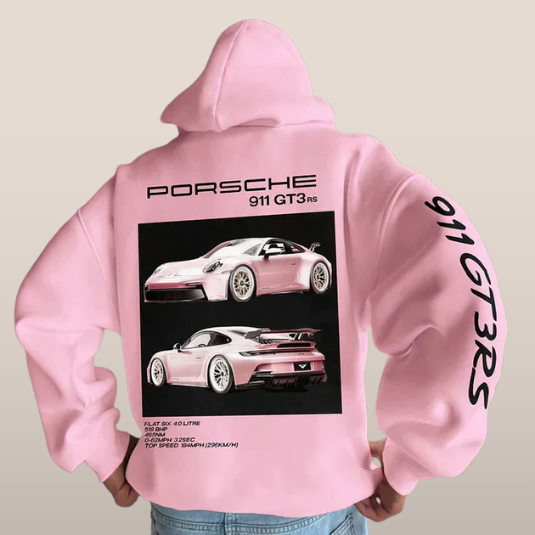 Hoodie with sports car print – Back design with typography and sleeve print 