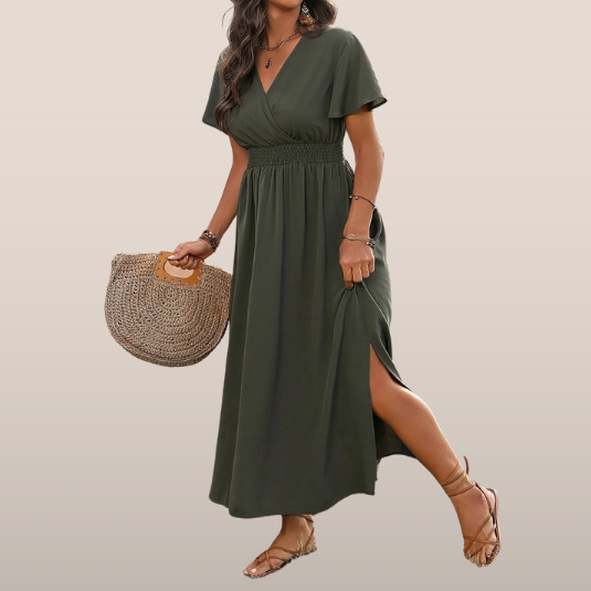 Midi damesjurk met overslag – Korte mouwen en elastische taille
