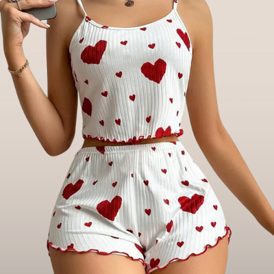Dames pyjamaset met hartjesprint – Geribd topje en short met rucherand