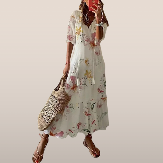 Dames maxi-jurk met bloemenprint – Luchtige pasvorm en V-hals