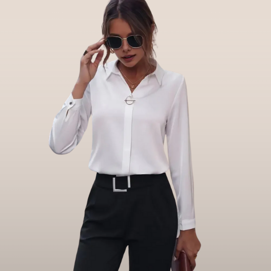 Dames blouse met lange mouwen – Klassieke kraag en metalen detail