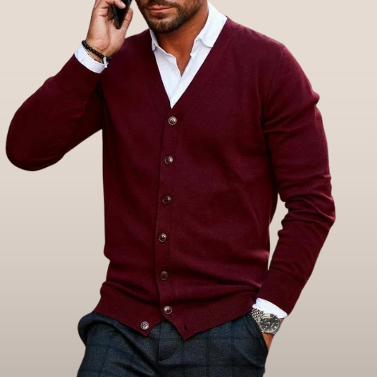 Men's cardigan with button closure – Finely knitted model with V-neck