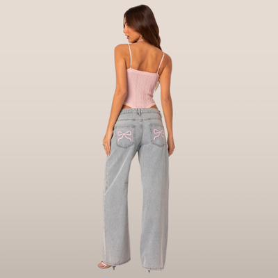 Dames wide-leg jeans – Grijs met geborduurde strikdetails