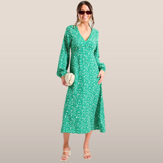 Dames midi-jurk – V-hals en lange mouwen met speels stippenpatroon