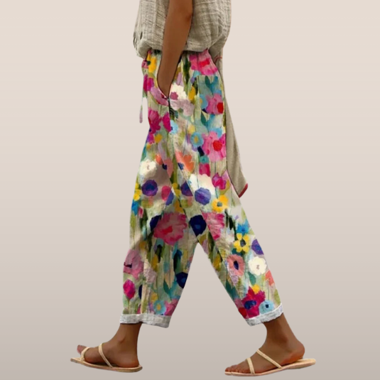 Dames linnen broek – Relaxte pasvorm met kleurrijk bloemenpatroon