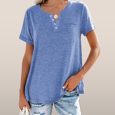 Dames T-shirt – Casual T-shirt met knoopdetail en borstzakje