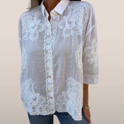 Dames Blouse - Katoen - Borduurwerk - Knoopsluiting - 3/4 Mouwen