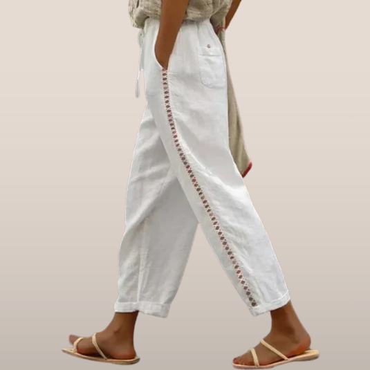 Elena – Linen Trousers with Embroidery and Elastic Waist