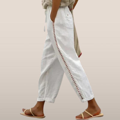 Elena – Linen Trousers with Embroidery and Elastic Waist