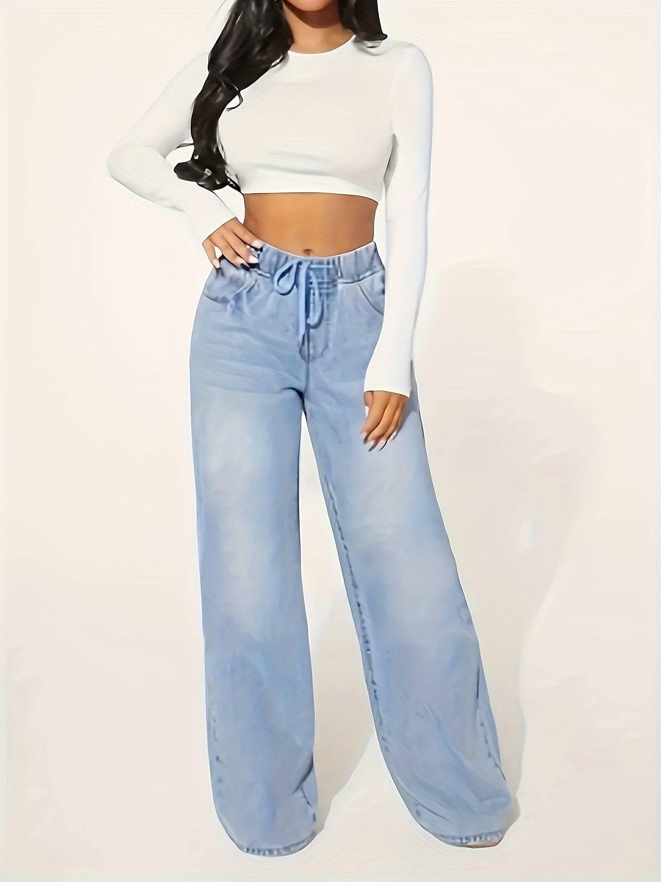 Elise | Plain washed blue casual jeans with elastic waist