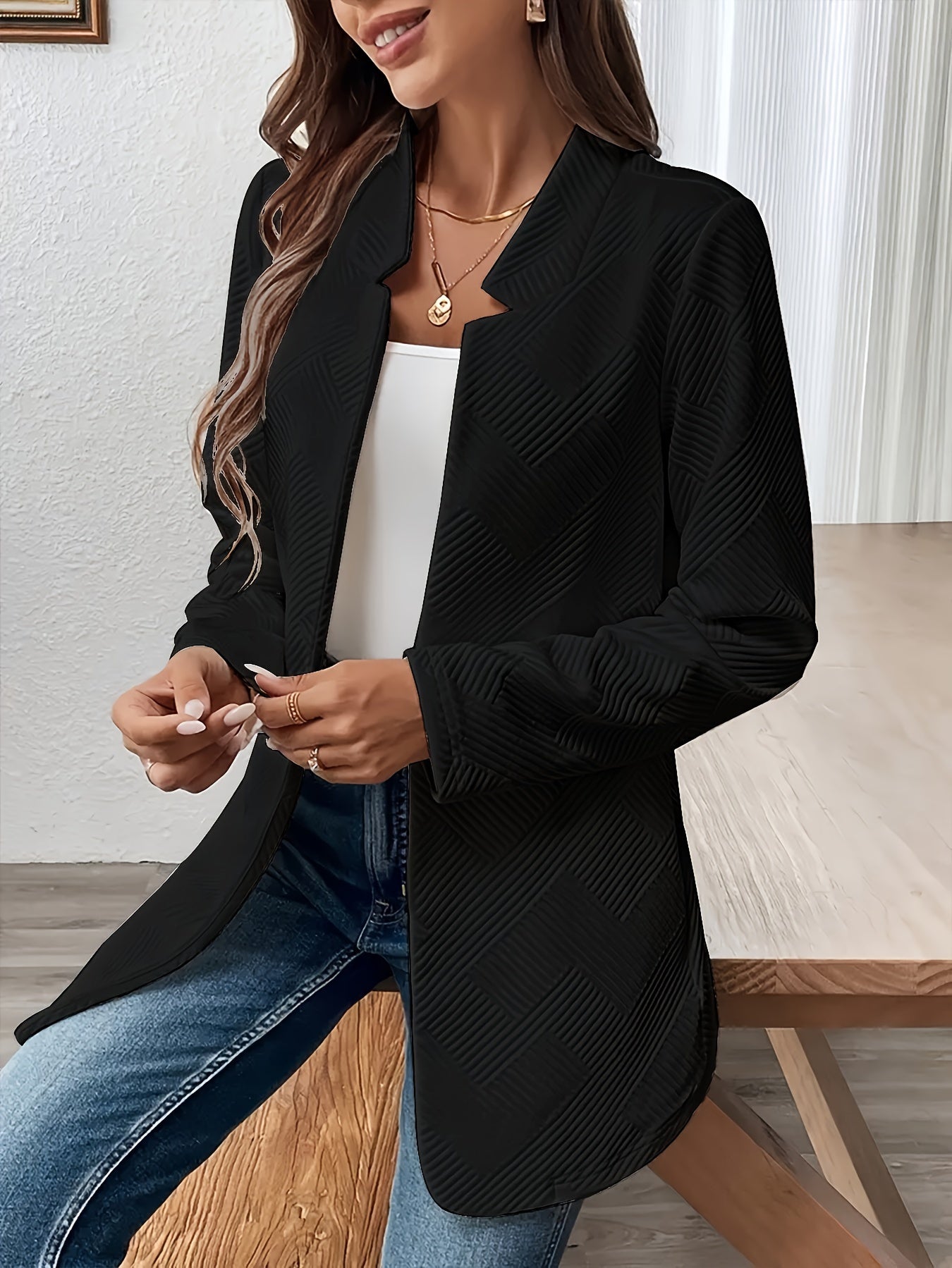 Emma | Plain textured open-front blazer with long sleeves