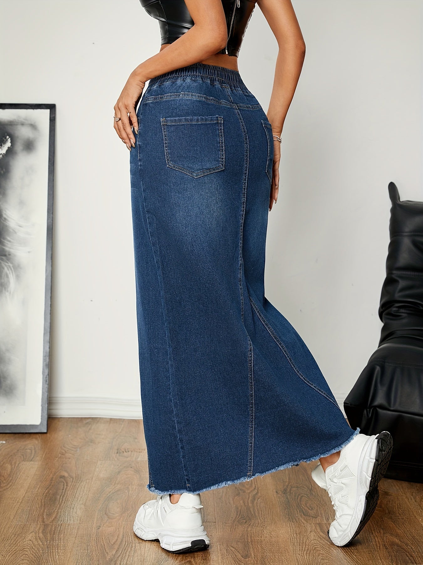 Emma | Plain washed blue streetwear maxi denim skirt