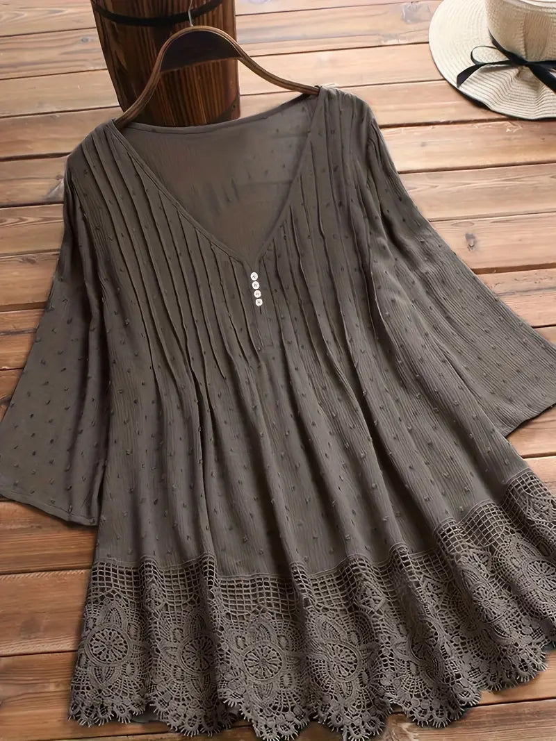 Koemi - Vintage Blouse with Ruffles and V-Neck