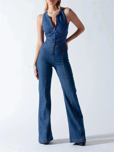 Denim Jumpsuit Women – Sleeveless with Open Back and Flared Legs