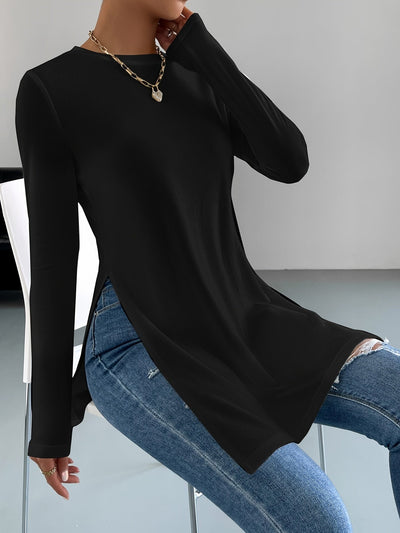 Nina | Stijlvol effen kleur t-shirt met lange mouw en zijsplit