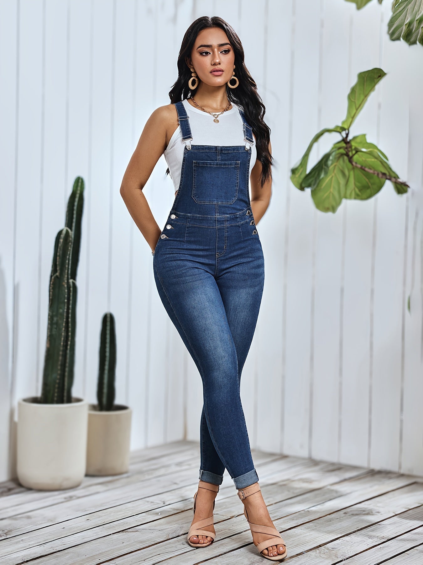 Emma | Women's skinny fit denim overalls in mid-blue washed