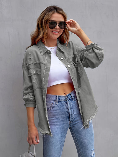 Mara | Plus size denim jas met gescheurde ruwe zoom
