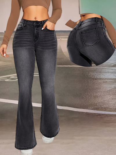 Elise | Stylish black and gray stretch flared jeans with a button detail