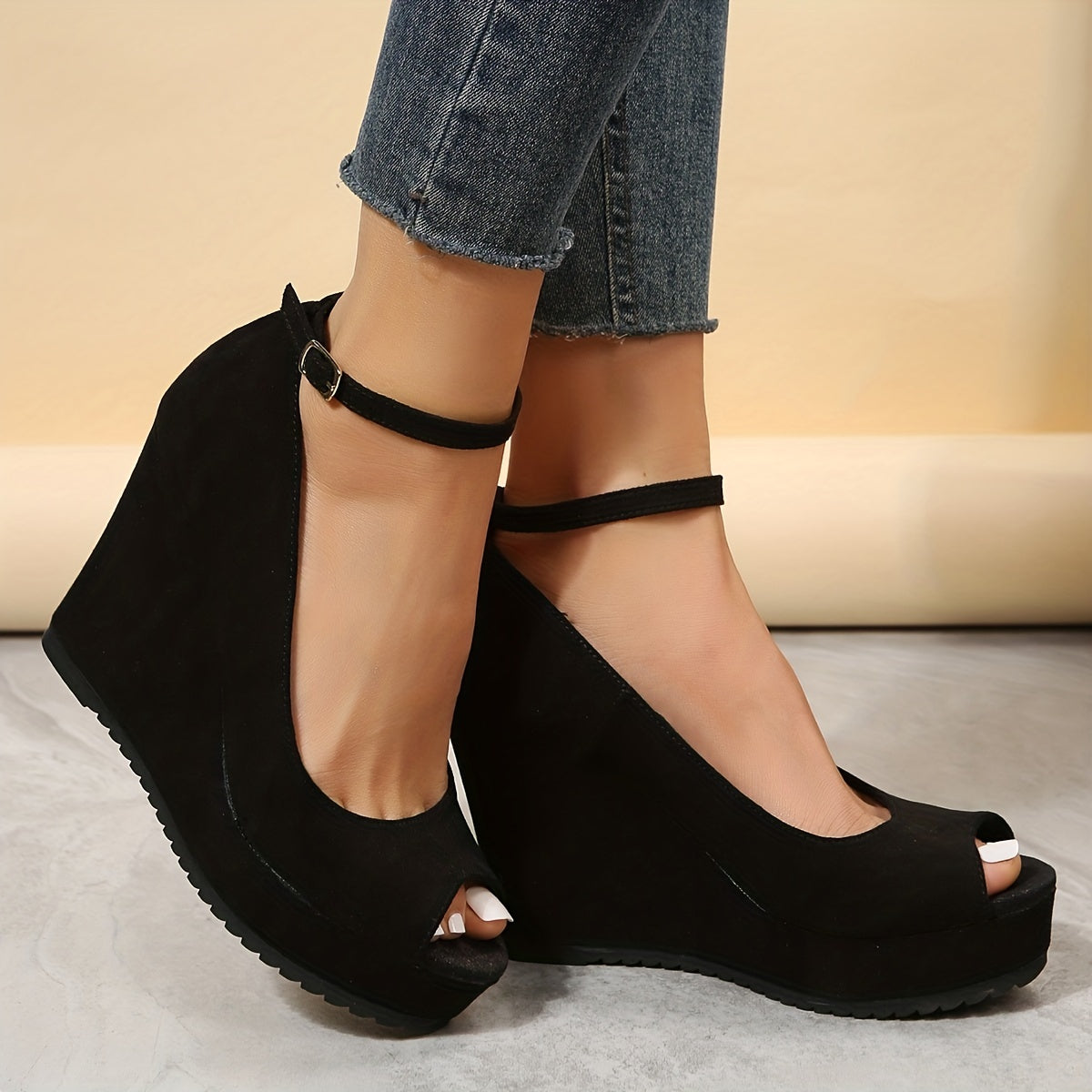 Luna | Black women's sandals with wedge heel