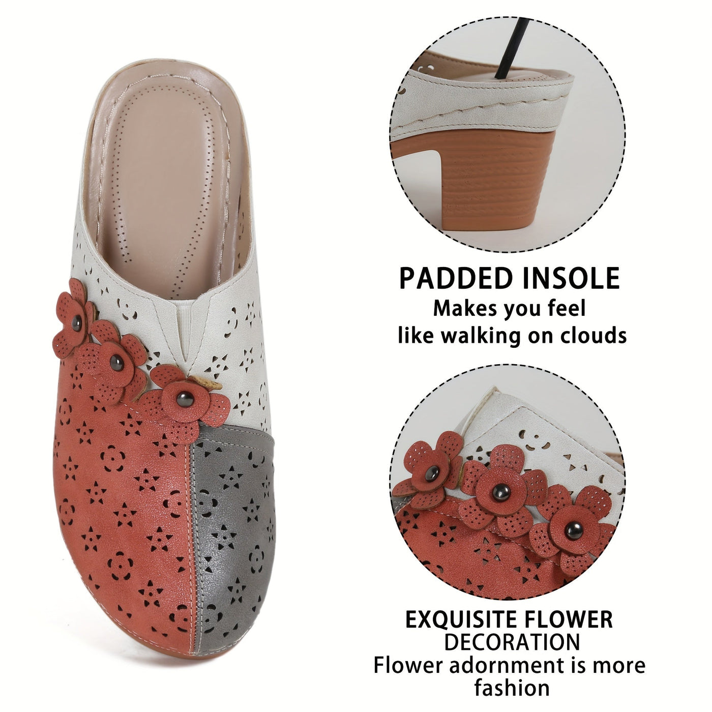 Luna | Breathable high heel mules with floral decor